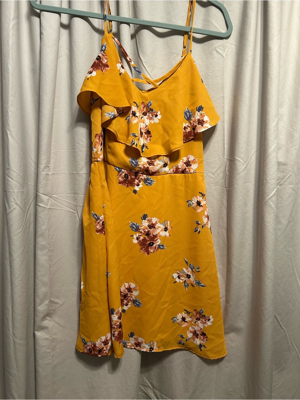 Three Hearts Mustard Yellow Floral Ruffle Mini Dress